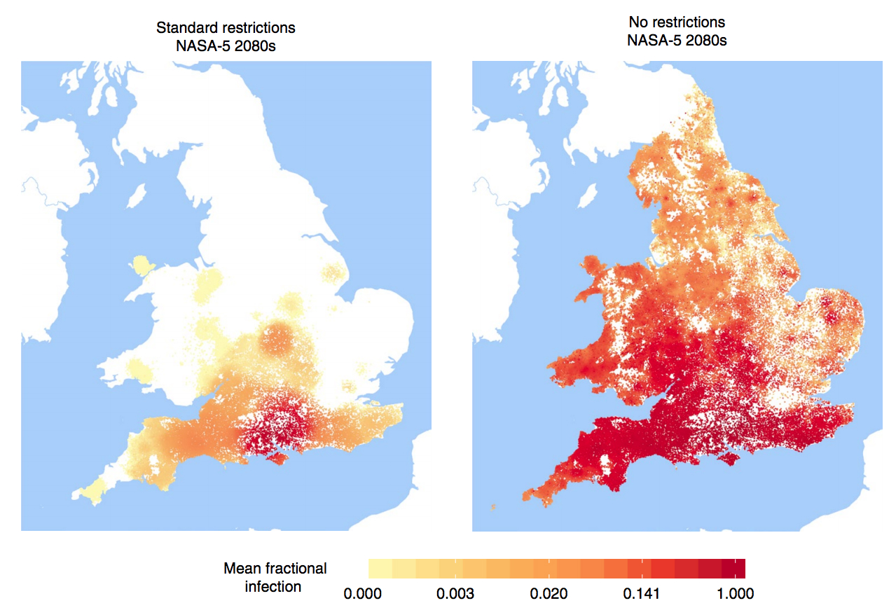 Two maps show “mean fractional infection” in England and Wales for the 2080s under RCP8.5, based on an original outbreak originating in Hampshire, England and assuming standard animal movement restrictions (left-hand map) and no restrictions at all (right). On a sliding scale from: zero = farm not infected in any simulation (shaded white), up to: one = farm infected under all simulations (red). Source: Jones et al. (2019)