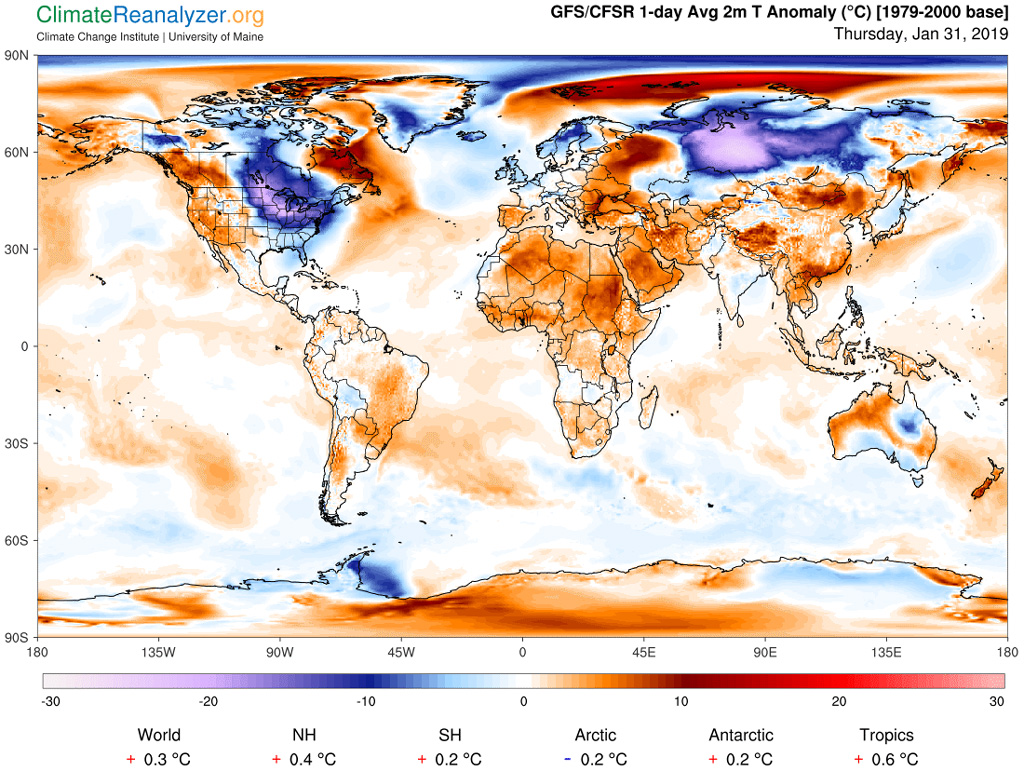 Map of global temperatures for 31 January 2019, shown as anomalies from a 1979-2000 baseline. Map is generated from the NCEP Global Forecast System (GFS) model by Climate Reanalyzer, Climate Change Institute, University of Maine.