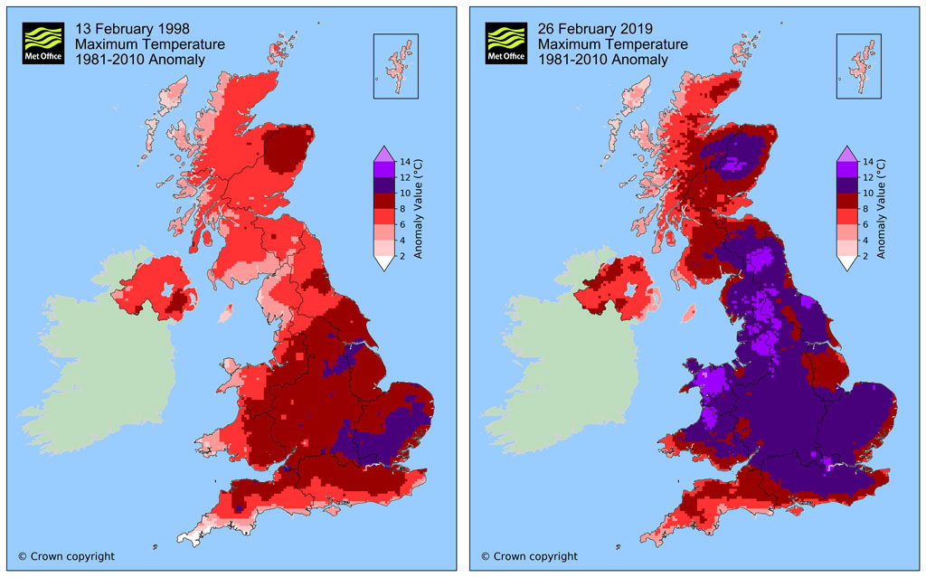 Two maps showing Daily maximum temperatures for 13 February 1998 (left) and 26 February 2019 (right), relative to a baseline period of 1981-2010. Credit: Dr Mark McCarthy, Met Office