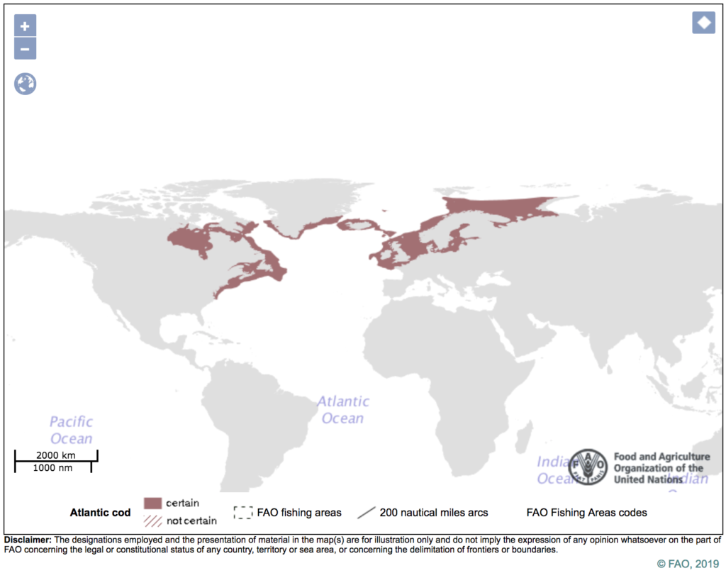 Map showing Global distribution of Atlantic cod. Source: Food and Agricultural Organization of the United Nations (<a href="http://www.fao.org/fishery/species/2218/en" target="_blank" rel="noopener">FAO</a>)