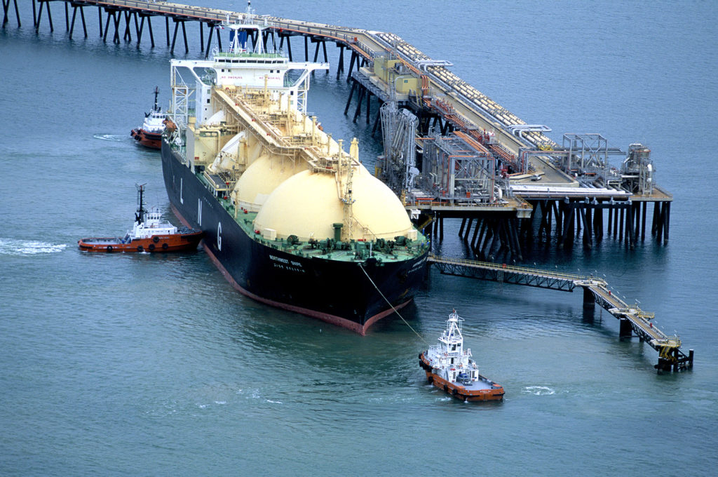 A liquified natural gas carrier off the coast of Karratha, Western Australia. Credit: Jack Picone / Alamy Stock Photo. A1YN02