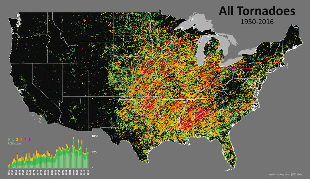 US tornado tracks by <a href="https://en.wikipedia.org/wiki/Fujita_scale">Fujito scale</a> severity (F0-F5) from 1950-2016. Image from <a href="http://www.ustornadoes.com/">usatornadoes.com</a>.