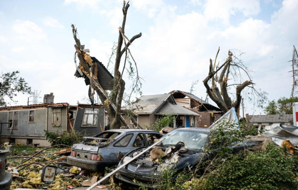 May 27, 2019, Dayton, Ohio, United States: Remains of houses and cars among debris after a tornado struck the area the night before. At least 1 person is dead and 12 injured from the storms that hit western Ohio.