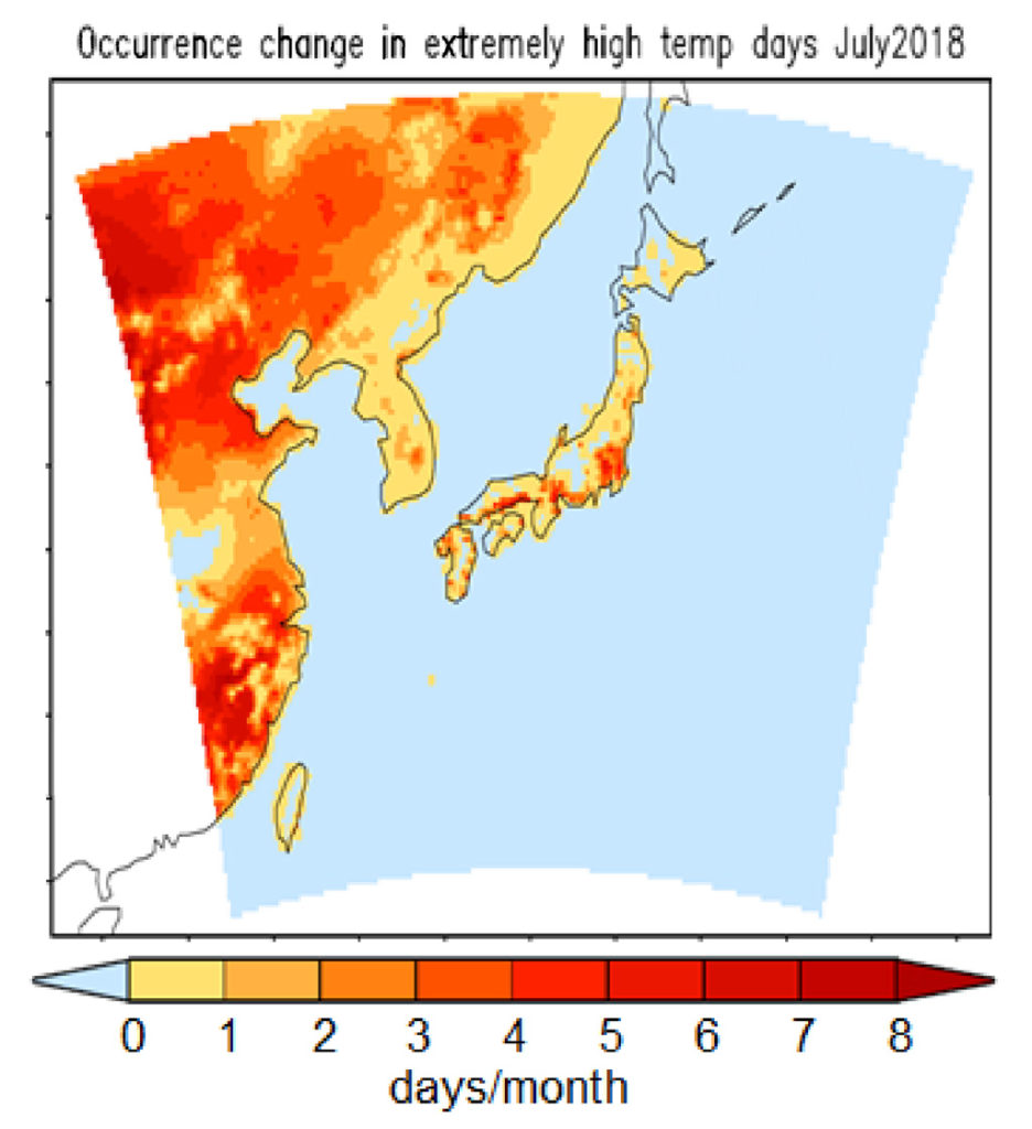 Map showing The difference in the number of extremely hot days expected in July in today’s world and a world without climate change across Japan. Yellow indicates little to no difference in the number of hot days in today’s world and a world without climate change, while red indicates a difference of up to eight days. (The map also includes parts of eastern China, Russia and North and South Korea.) Source: Imada et al. (2019)