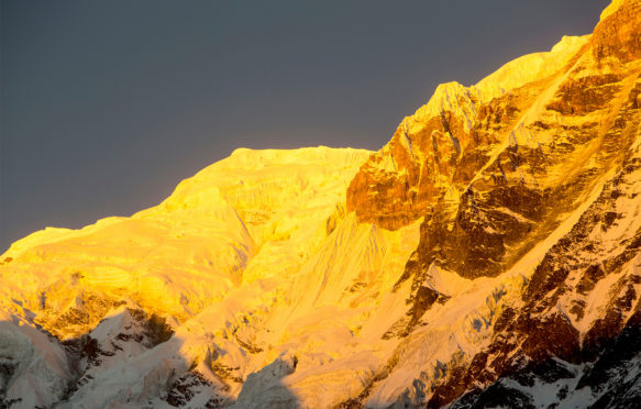 Alpenglow at sunrise on Annapurna South, Nepal Himalayas. Credit: Ashley Cooper / Alamy Stock Photo.