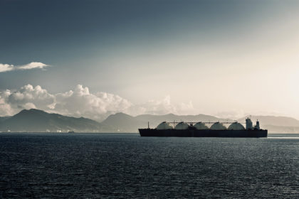 A liquified natural gas carrier ship off the coast of Trinidad and Tobago. Credit: Altin Osmanaj / Alamy Stock Photo.