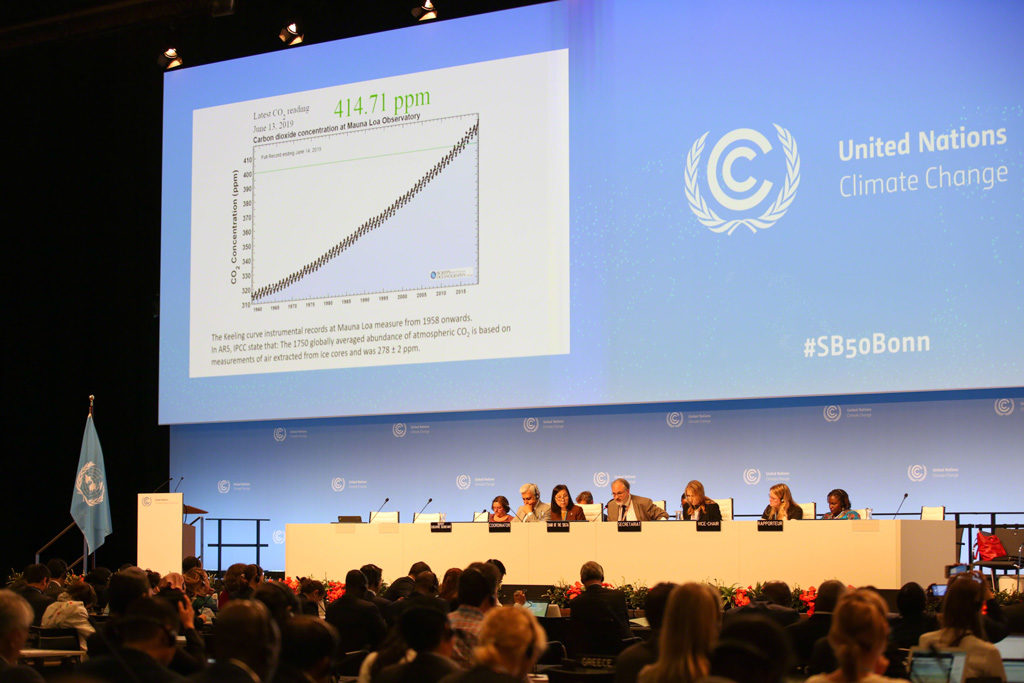 The Keeling curve showing the accumulation of CO2 in the Earth's atmosphere was displayed behind the SBSTA chair during the closing session