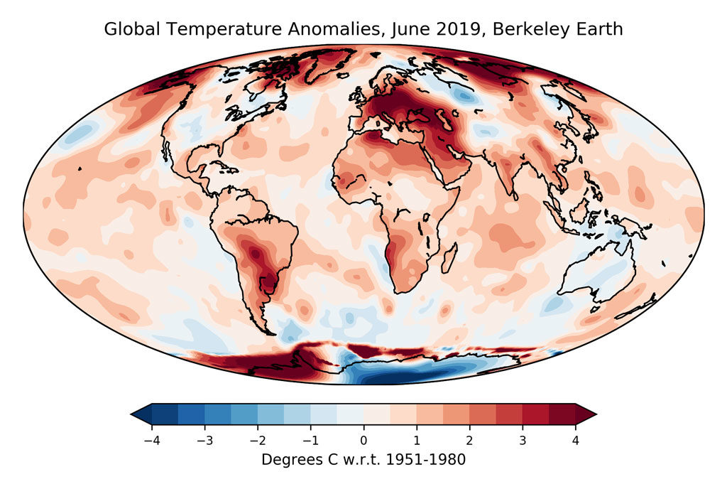 June 2019 average surface temperatures from Berkeley Earth. Anomalies plotted with respect to the 1951-1980 baseline used by Berkeley Earth. Chart by Carbon Brief.