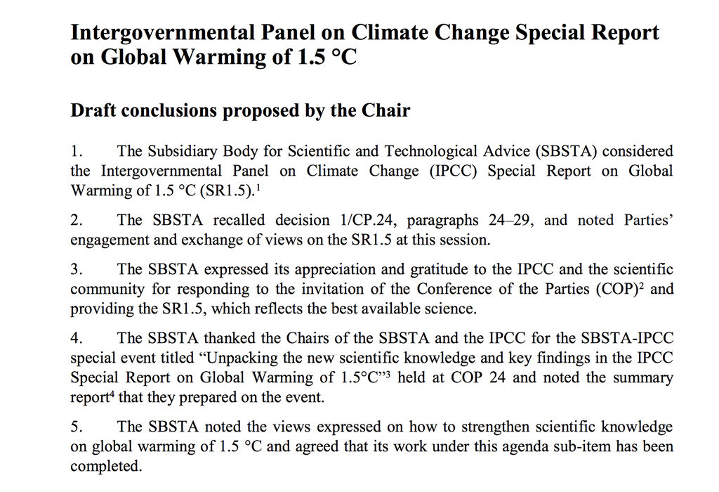 The final draft text regarding the IPCC report, agreed upon by delegates. Source: UNFCCC 