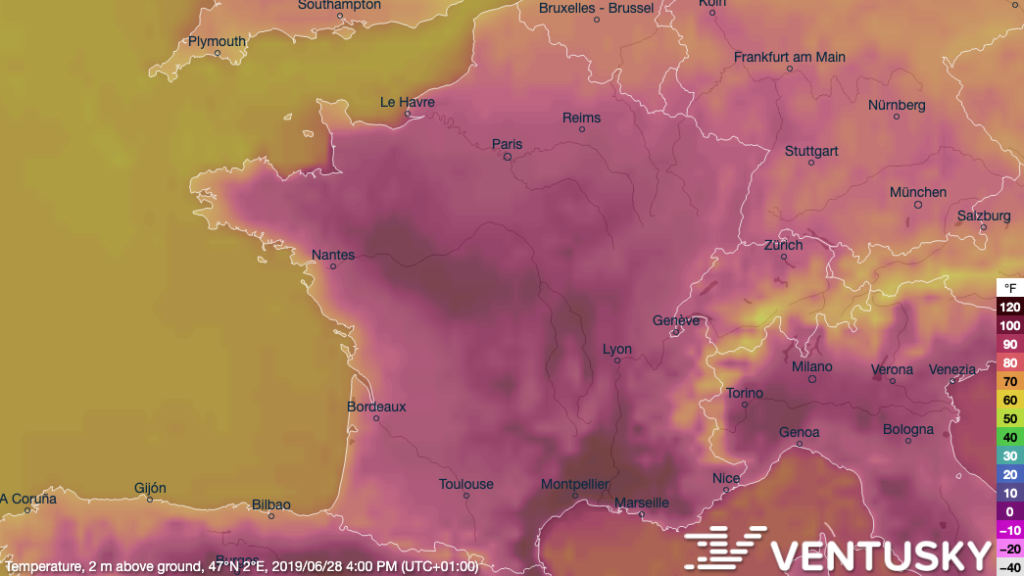 Temperature, 2m above ground, in France on 28 June 2019.