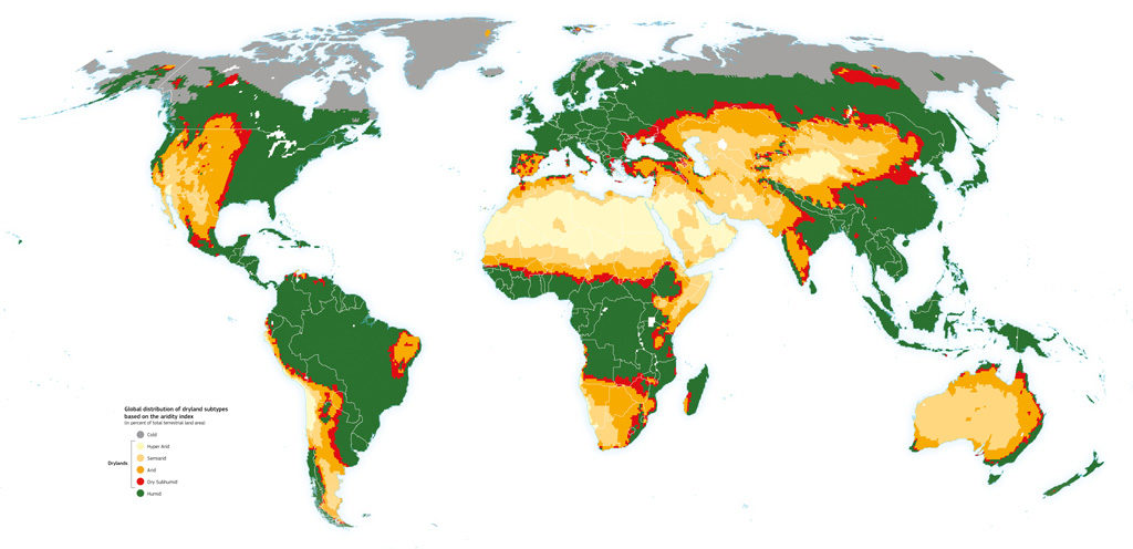 World map showing The observed distribution of different aridity levels, based on data for 1981-2010. Shading colour indicates regions defined as cold (grey), humid (green), dry subhumid (red), arid (dark orange), semiarid (pale orange) and hyperarid (pale yellow), Map produced by the European Commission’s Joint Research Unit.