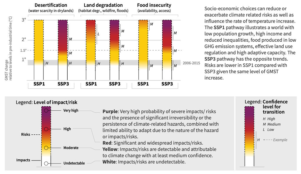 Figure showing how different socioeconomic pathways (SSP1 and SSP3) will affect climate-related risks. The colours represent levels of impact/risk, with purple meaning very high risks and the presence of âsignificant irreversibilityâ, climate-related hazards and limited ability to adapt, and white indicating no impacts that are detectable and attributable to climate change. Letters represent the level of confidence in the findings (with âLâ representing low, âMâ representing medium and âHâ representing high). Source: IPCC land report, Figure SPM. 2b.