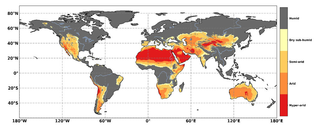 Geographical distribution of drylands, based on the Aridity Index (AI). The classification of AI is: Humid (grey shading) AI > 0.65, dry sub-humid (yellow) 0.50 < AI â¤ 0.65, semi-arid (light orange) 0.20 < AI â¤ 0.50, arid (dark orange) 0.05 < AI â¤ 0.20, and hyper-arid (red) AI < 0.05. Source: Figure 3.1 from the IPCC land report.