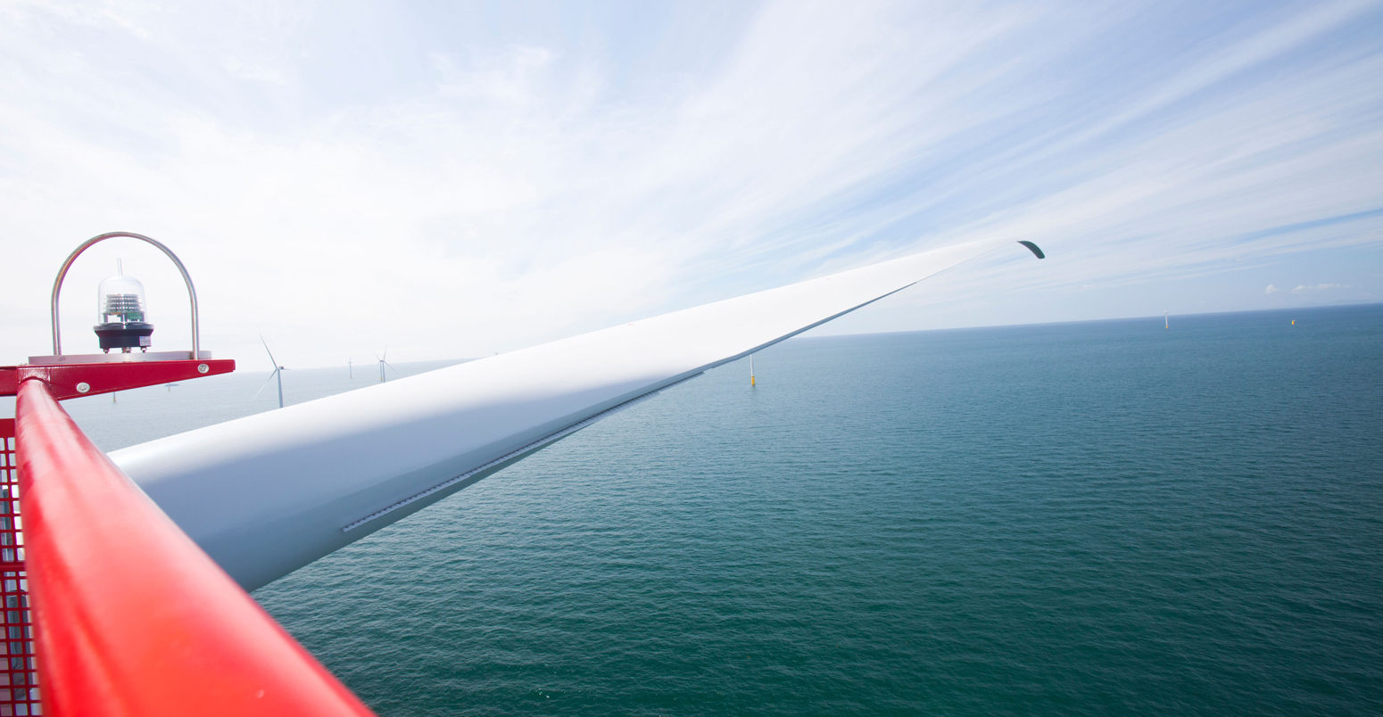 The blade of a wind turbine from the nacelle, in the Walney offshore wind farm, Cumbria, UK.