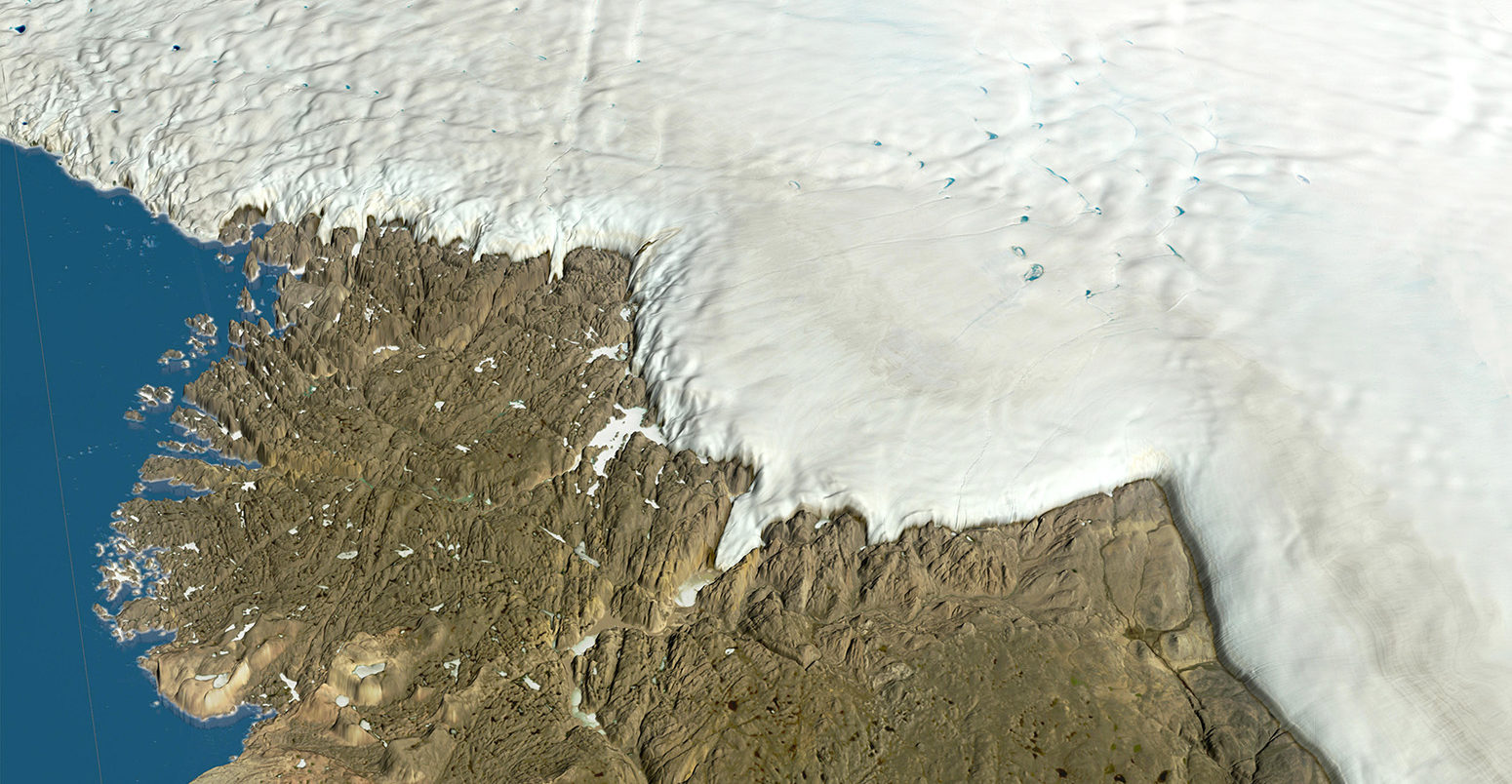 Ice sheet over northwest Greenland, 17 February 2019. Credit: LWM/NASA/LANDSAT / Alamy Stock Photo.