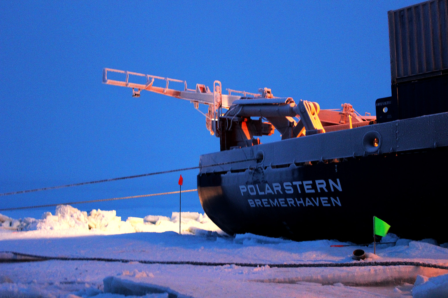 A series of ropes anchor the Polarstern to the sea ice in the Central Arctic Ocean. 