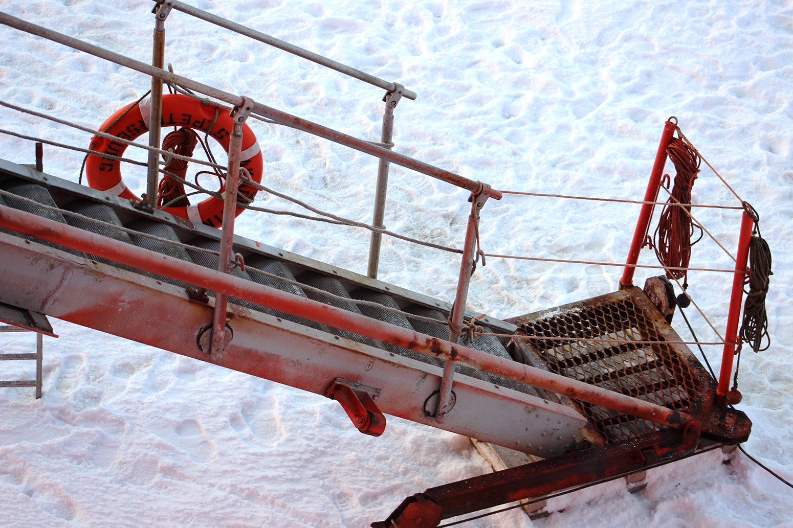 The gangway allowing passage from the Akademik Fedorov to the sea ice above the Central Arctic Ocean. 