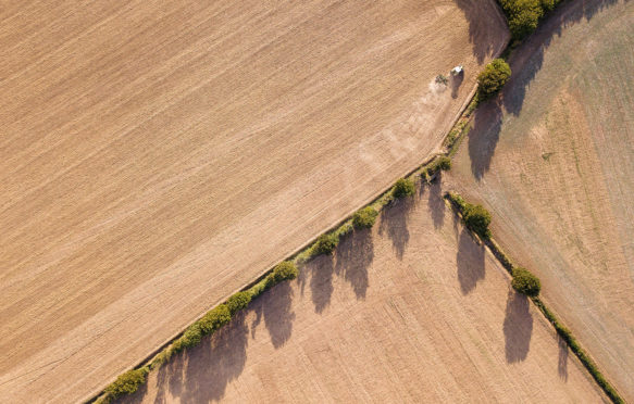 Aerial view of a tractor ploughing a field in Suffolk, UK. Credit: Chris Cullen / Alamy Stock Photo. 2A0X231