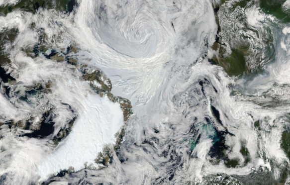 Image mosaic of Arctic storm. (Credit: NASA/Goddard/MODIS Rapid Response Team)