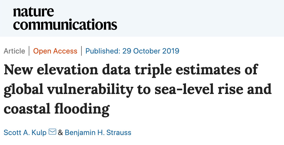 Screenshot of Nature Communications: New elevation data triple-estimates of global vulnerability to sea-level rise and coastal flooding