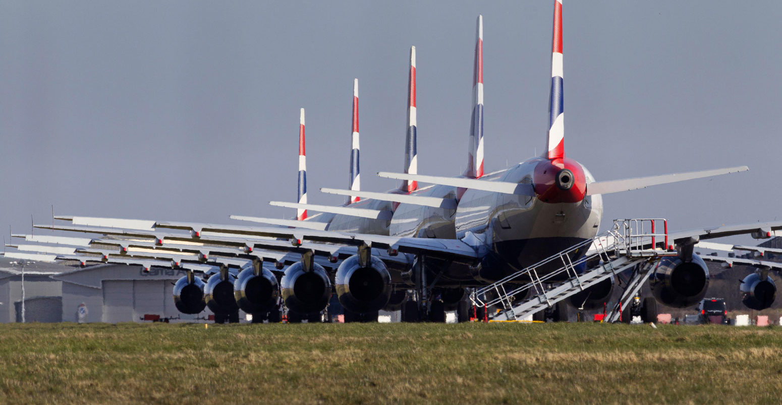 British Airways Airbus fleet parked at Glasgow Airport during the Coronavirus pandemic.