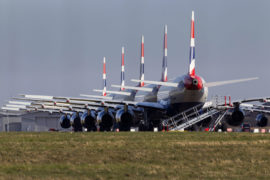 British Airways Airbus fleet parked at Glasgow Airport during the Coronavirus pandemic.