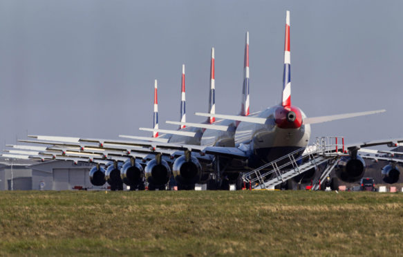 British Airways Airbus fleet parked at Glasgow Airport during the Coronavirus pandemic.