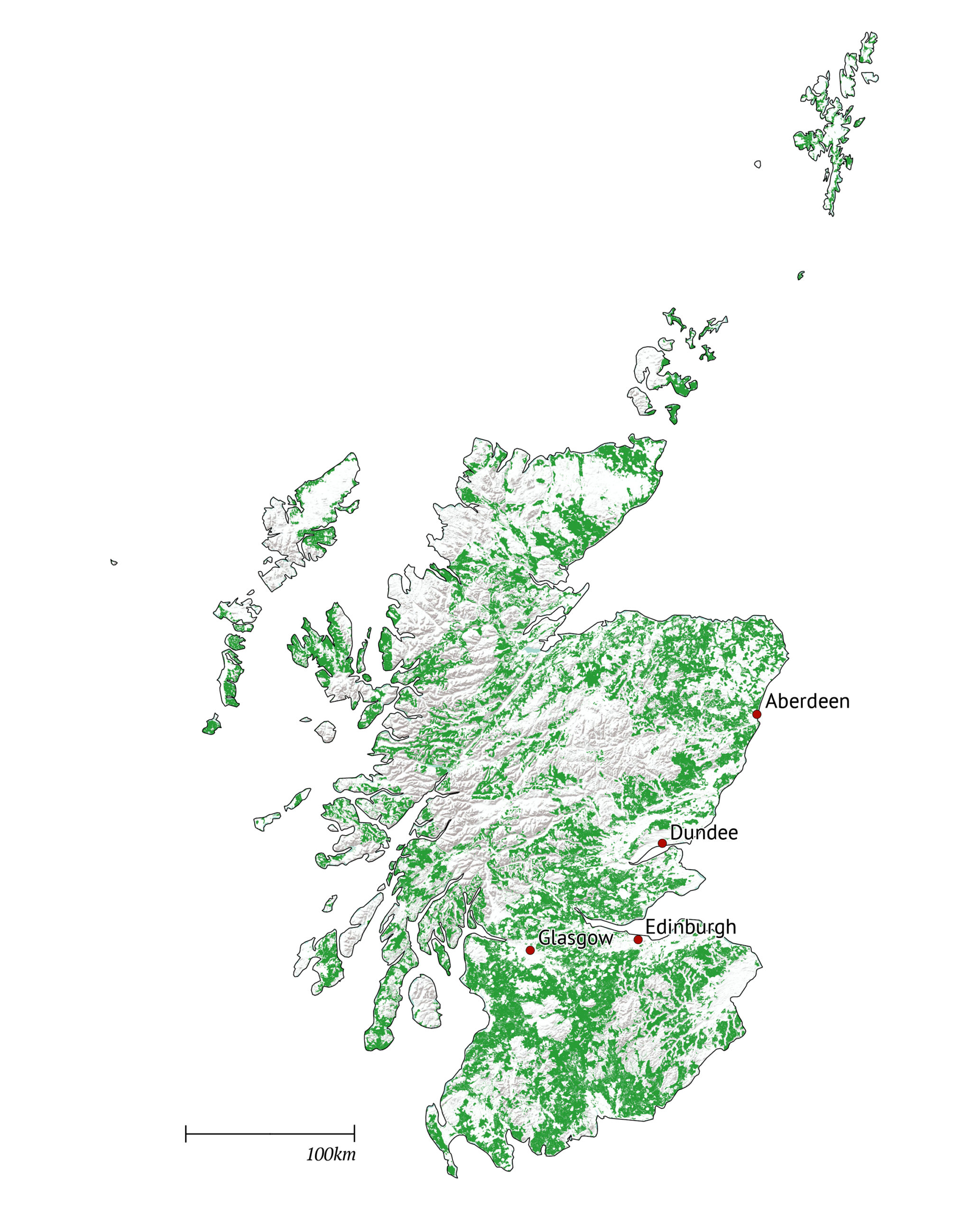 Map showing land in Scotland “most likely to have potential for woodland expansion” (green) in 2012, based on a three tiered approach developed by the James Hutton Institute and Forest Research for Scottish government. They identified 2.69m hectares (representing 34% of Scotland), taking into account the quality of land for agriculture, its suitability for woodland, the presence of priority habitats and the presence of deep peat which is unsuitable for woodland creation. Source: Woodland Expansion Advisory Group. Graphic by Carbon Brief.