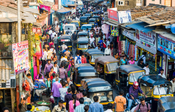 Roadblock in busy market area of Mumbai, India. Credit: Frank Bienewald / Alamy Stock Photo