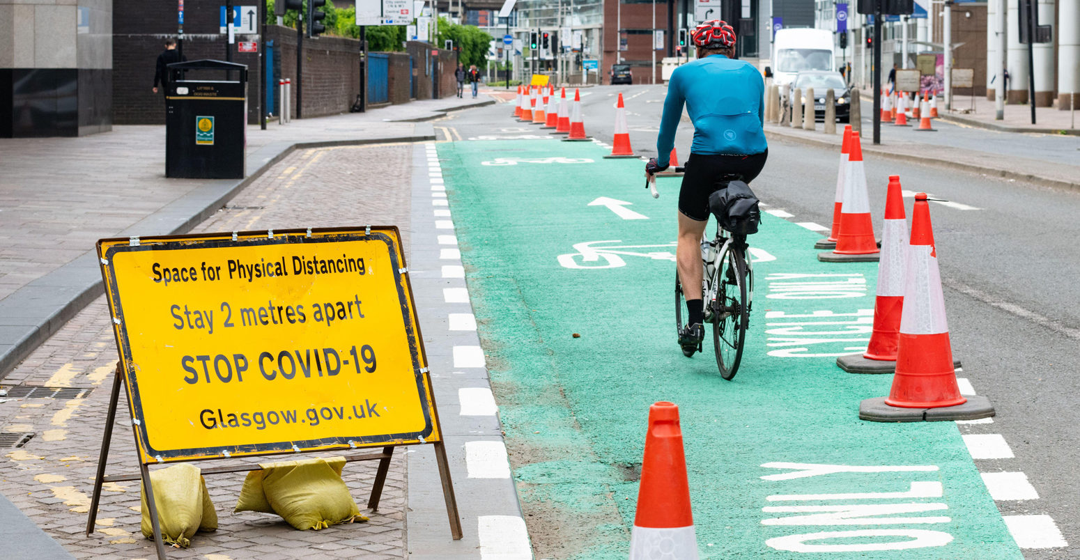 Cyclists in Glasgow making use of quiet streets and existing and new cycle lanes.