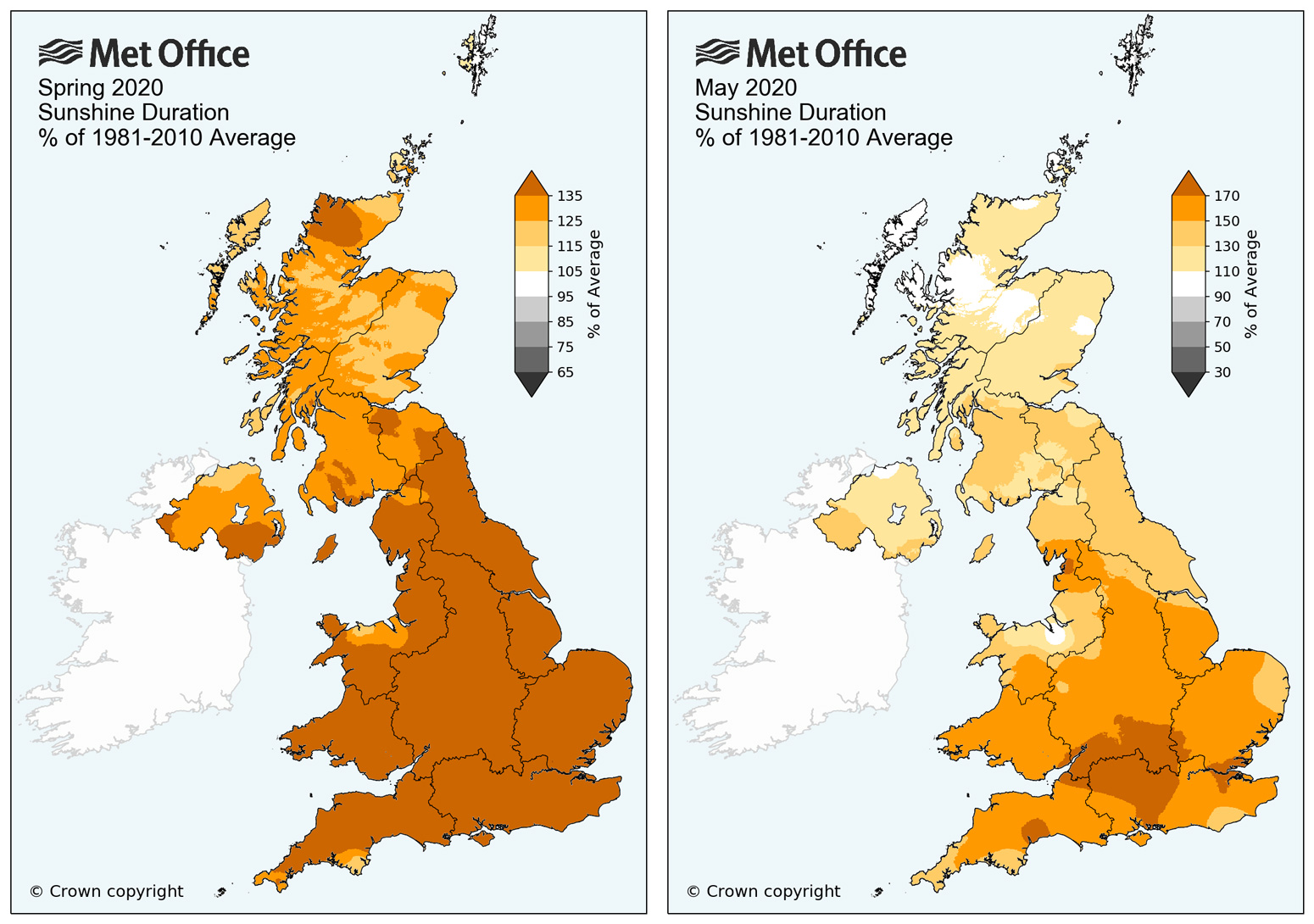 UK sunshine duration for Spring 2020 (left) and May 2020 (right) relative to the 1981-2010 average. Note the different scales used on the colour bars of these two plots. Credit: Met Office