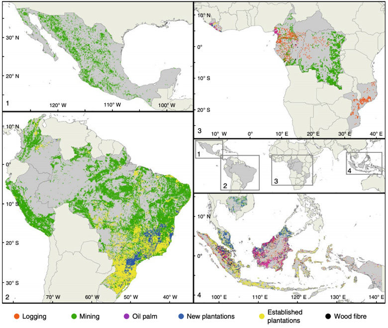 A distribuição de aquisições públicas de terras em larga escala no México (canto superior esquerdo), América do Sul (canto inferior esquerdo), África subsaariana (canto superior direito) e sudeste da Ásia (canto inferior direito). 