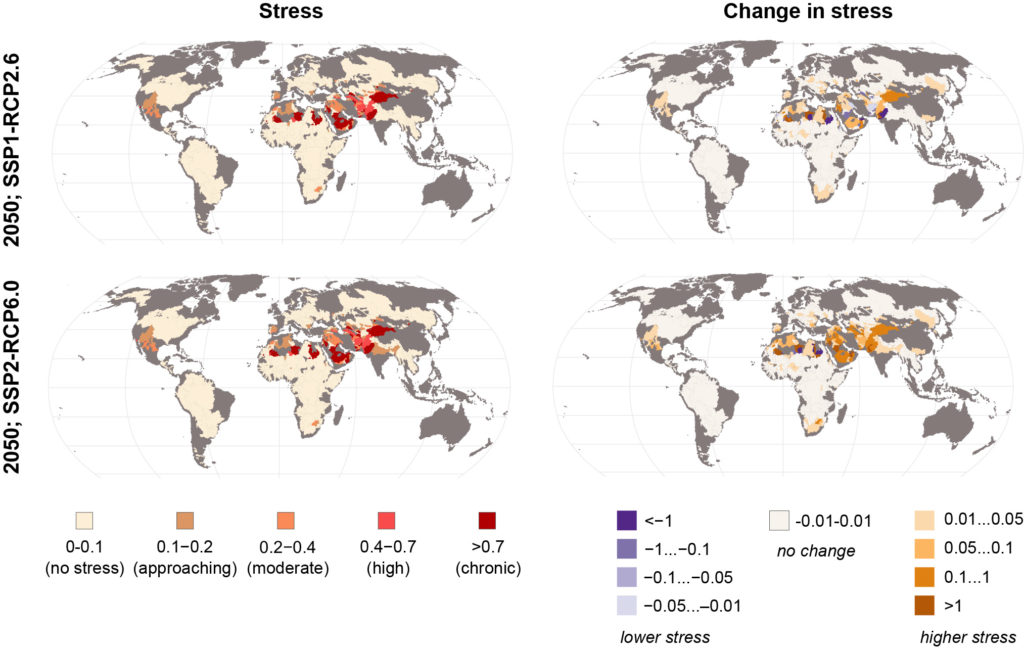 The distribution of water stress (left) in 2050 with 0-0.1 indicating no stress (yellow), 0.1-0.2 indicating approaching stress (dark orange), 0.2-0.4 indicating moderate stress (orange), 0.4-0.7 indicating high stress (red) and a ratio of more than 0.7 indicating chronic stress (dark red). The relative change in water stress from 2010 to 2020 is also shown (right). Source: Supplementary information, Munia et al. (2020)
