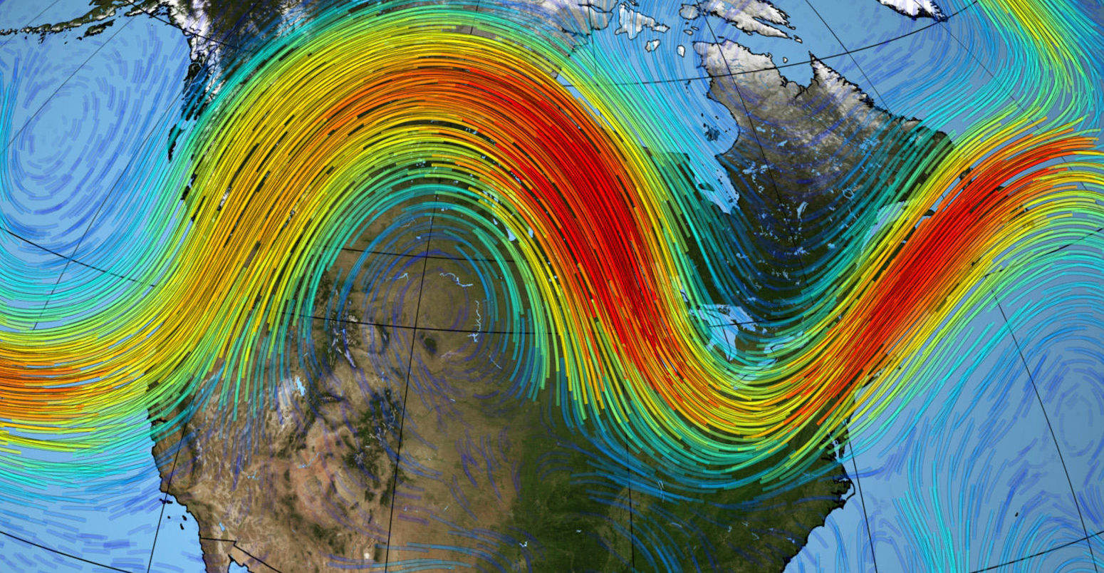 Visualisation using NASA's MERRA dataset to model the jet stream over North America, between June and July, 1988. Credit: Science History Images / Alamy Stock Photo. T81PF2