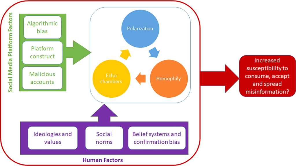 A schematic illustration of the climate change misinformation network. It shows the actors (purple) and producers (orange), as well as the echo chambers among influencers (blue) and the public (green). Credit: Treen et al. (2020)
