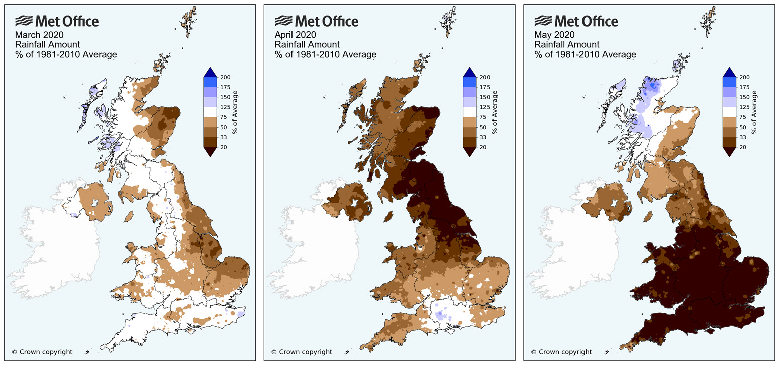 UK rainfall amount shown as a percentage of the 1981-2010 average for March, April and May 2020. Credit: Met Office