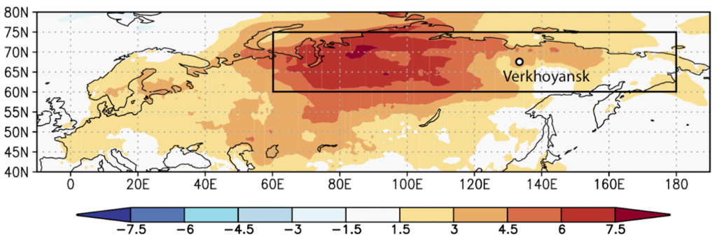 Average temperatures across Siberia from January to June 2020, when compared to average temperatures from 1981-2010. Deep red indicates higher than average temperatures. Black box highlights the study area. 