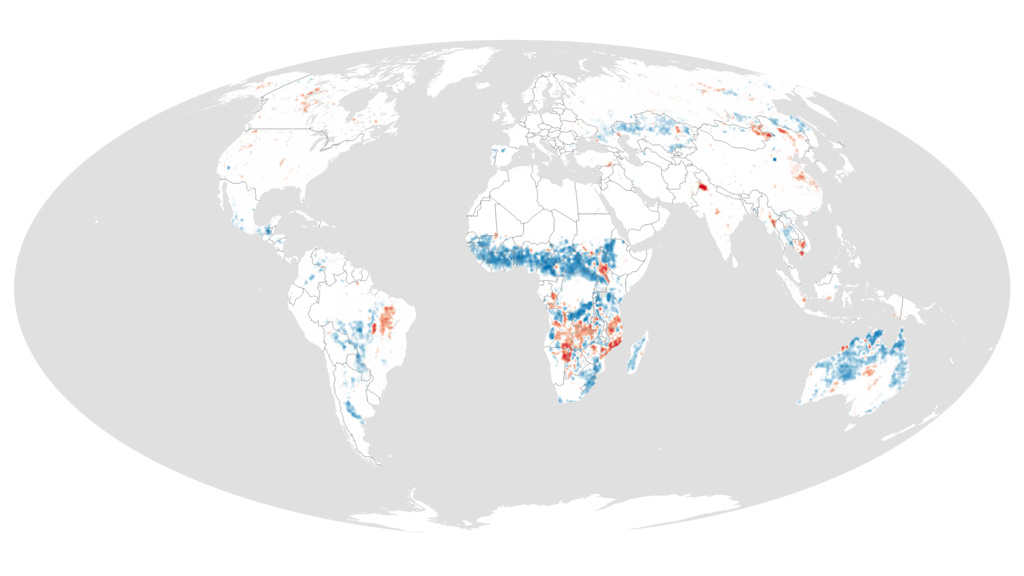 Percentage change in area burned by wildfires from 2003-15, with blue indicating decreases and red indicating increases. 