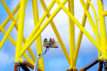 Wind turbine tops under construction and inspection with cherry picker at Smulders Howdon Tyneside yard.