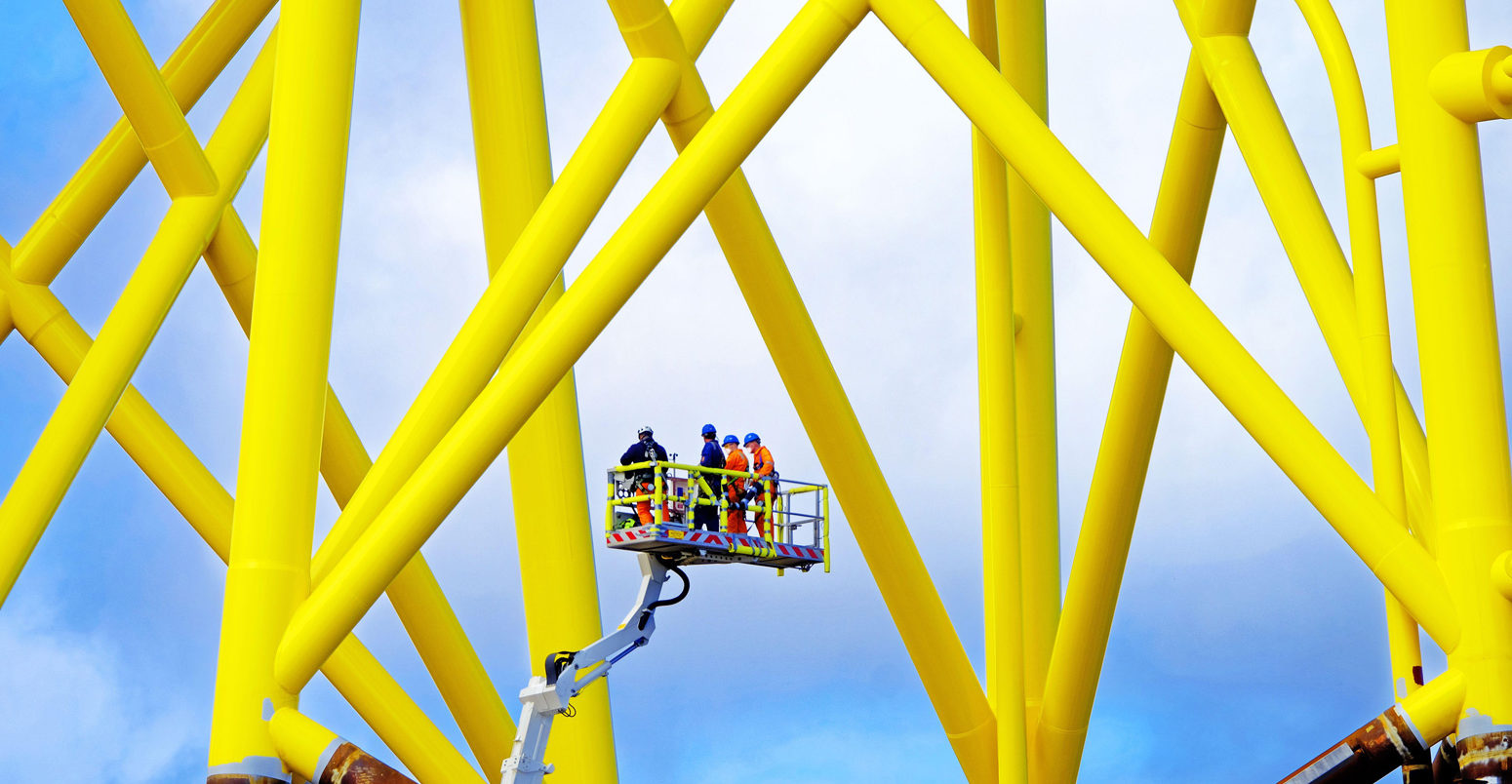 Wind turbine tops under construction and inspection with cherry picker at Smulders Howdon Tyneside yard.