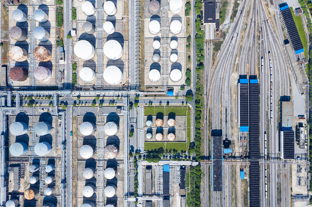 Oil refinery and railway marshalling yard, China.