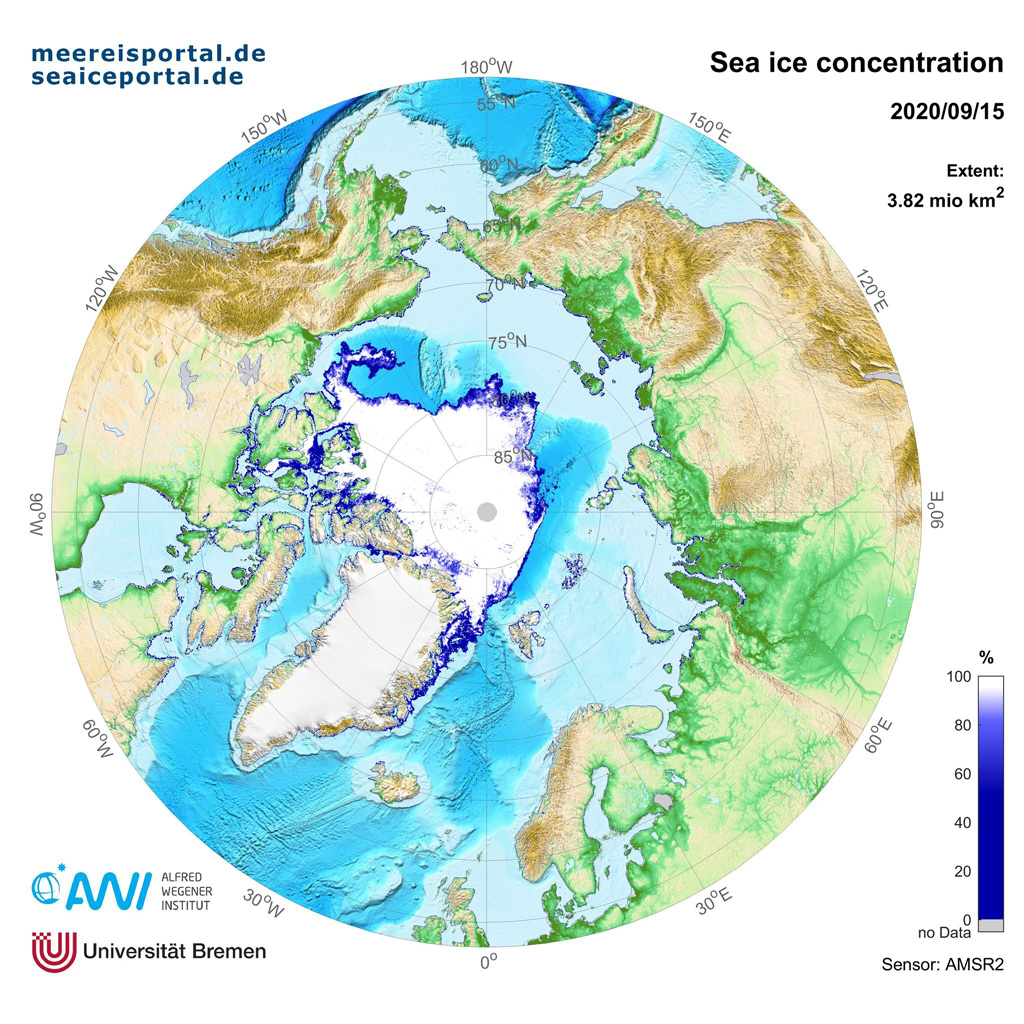 Arctic sea ice concentration on 15 September, 2020. 