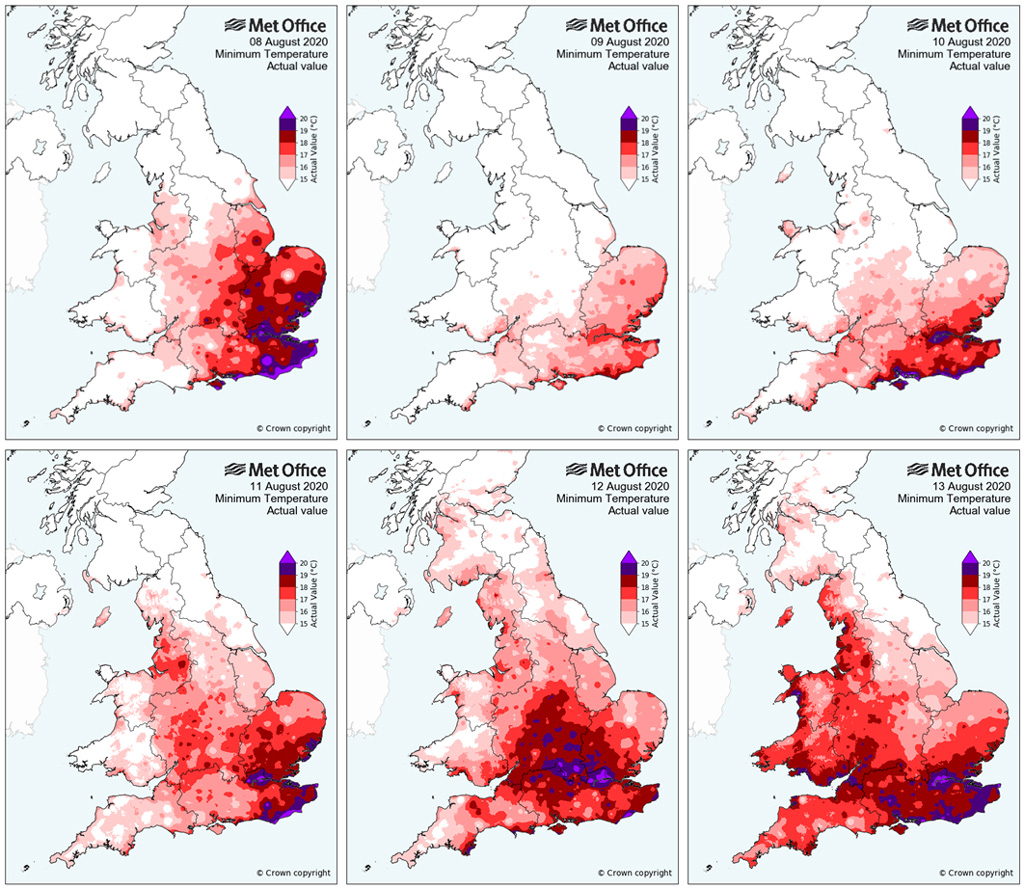 Daily minimum temperatures across the UK for 8-13 August, with dark red and purple shading indicating the highest absolute temperatures. The patchiness of these maps reflects the influence of individual station exposure, particularly the local topography. 