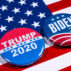 Donald Trump and Joe Biden pin badges, pictured of the USA flag.