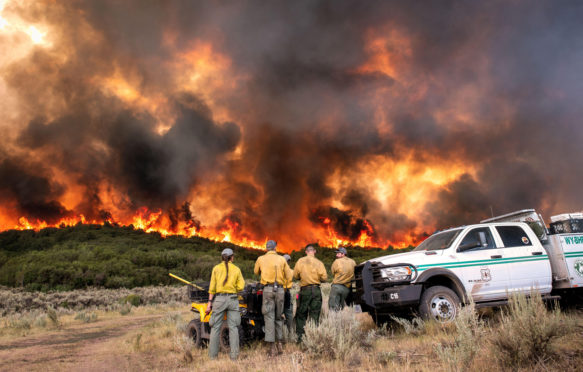 Firefighters watch the intense flames at the Pine Gulch Fire, Colorado.