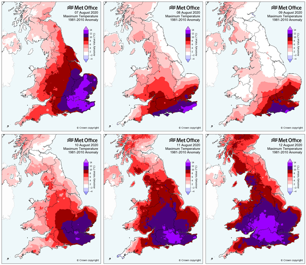 Temperature anomalies for the UK for 7-12 August 2020, shown relative to the 1981-2010 average. Dark red and purple shading indicates the areas with the temperatures showing the largest departure from average. 