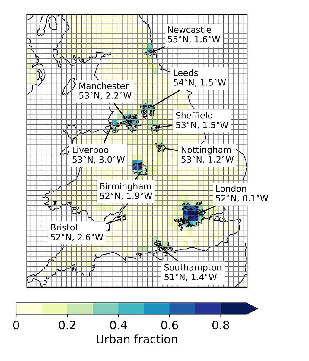 Locations of the included cities and the 12km UKCP18 grid cells. The colour in each cell shows the fraction of urban land use in the model. These urban fractions do not change with time. 