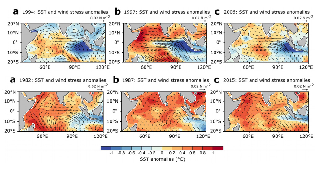 Maps showing the characteristics of strong and moderate positive IOD events during autumn.