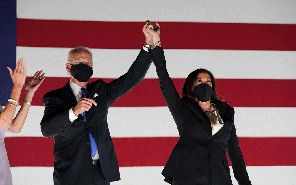 President-elect Joe Biden and vice president-elect Kamala Harris celebrate. 