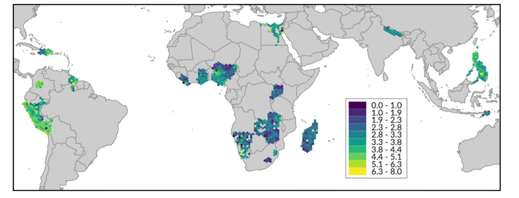 Map-showing-diet-diversity,-ranked-from-zero-to-10,-in-children-under-the-age-of-five-from-19-low--and-middle-income-countries